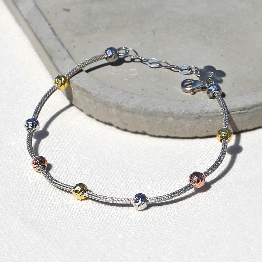 Clotho 925 Ayar Gümüş, Hasır Zincir Gümüş 3 Renkli Dorika Bileklik