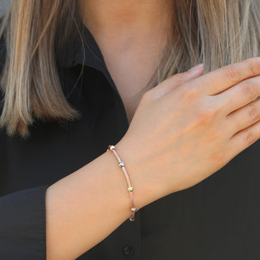 Clotho 925 Ayar Gümüş, Hasır Zincir Rose 3 Renkli Dorika Bileklik