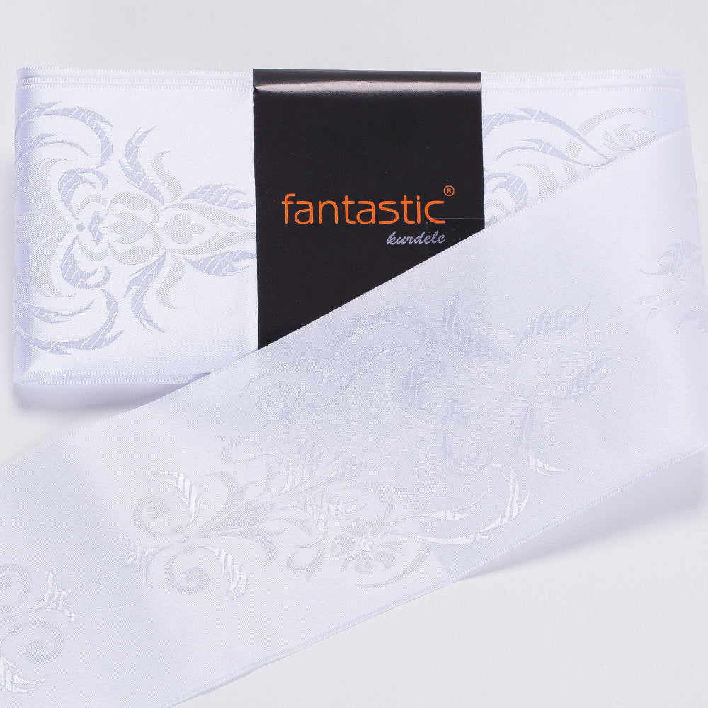 Fantastic Beyaz Jakarlı Saten Kurdele - 94969