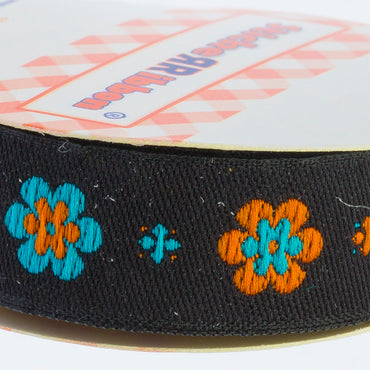 Sticker Ribbon Siyah Çiçek Baskılı Yapışkan Kurdele - SR-1690-V5