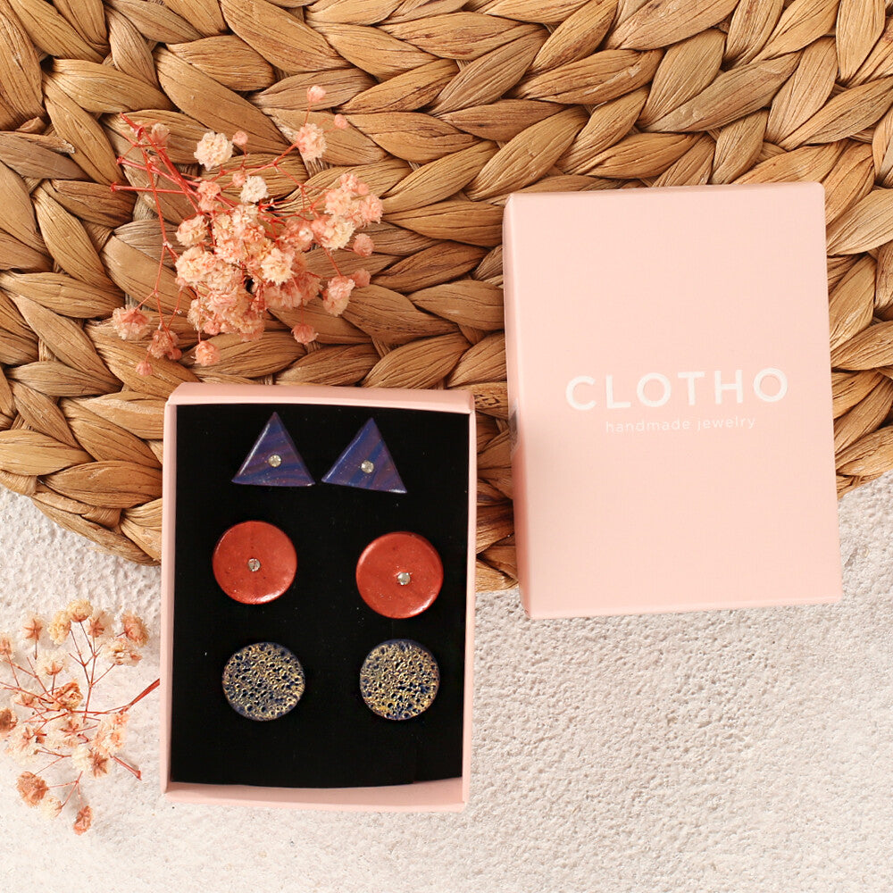 Clotho El Yapımı Yuvarlak Üçgen Taşlı Asorti Küpe