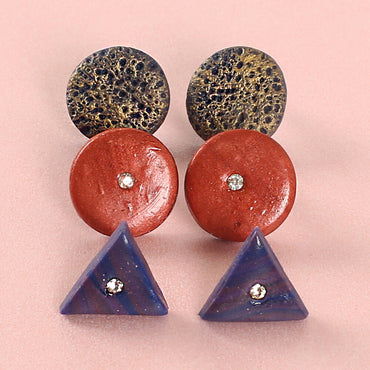 Clotho El Yapımı Yuvarlak Üçgen Taşlı Asorti Küpe