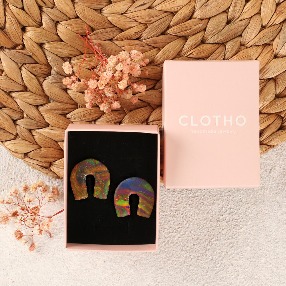 Clotho El Yapımı Gökkuşağı Ebruli Simli Küpe