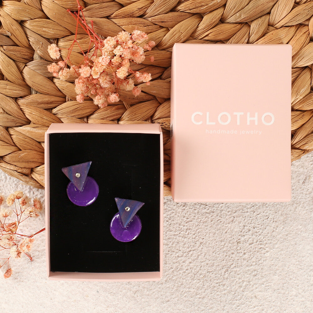 Clotho El Yapımı Taşlı Üçgen Yuvarlak Mor Küpe