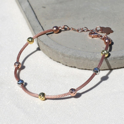 Clotho 925 Ayar Gümüş, Hasır Zincir Rose 3 Renkli Dorika Bileklik