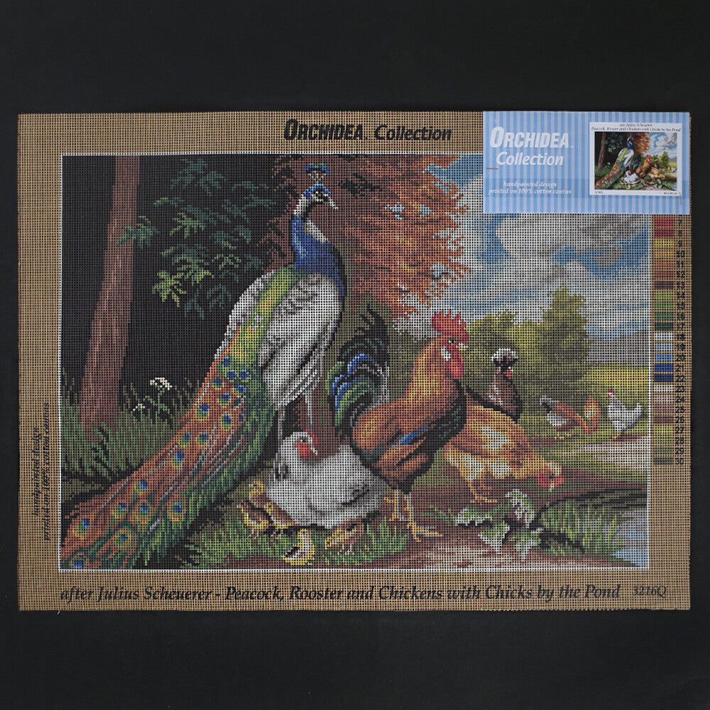 Orchidea 40x60 cm Julius Scheurer Peacock, Rooster And Chickens Wiht Chicks By The Pond Gobl