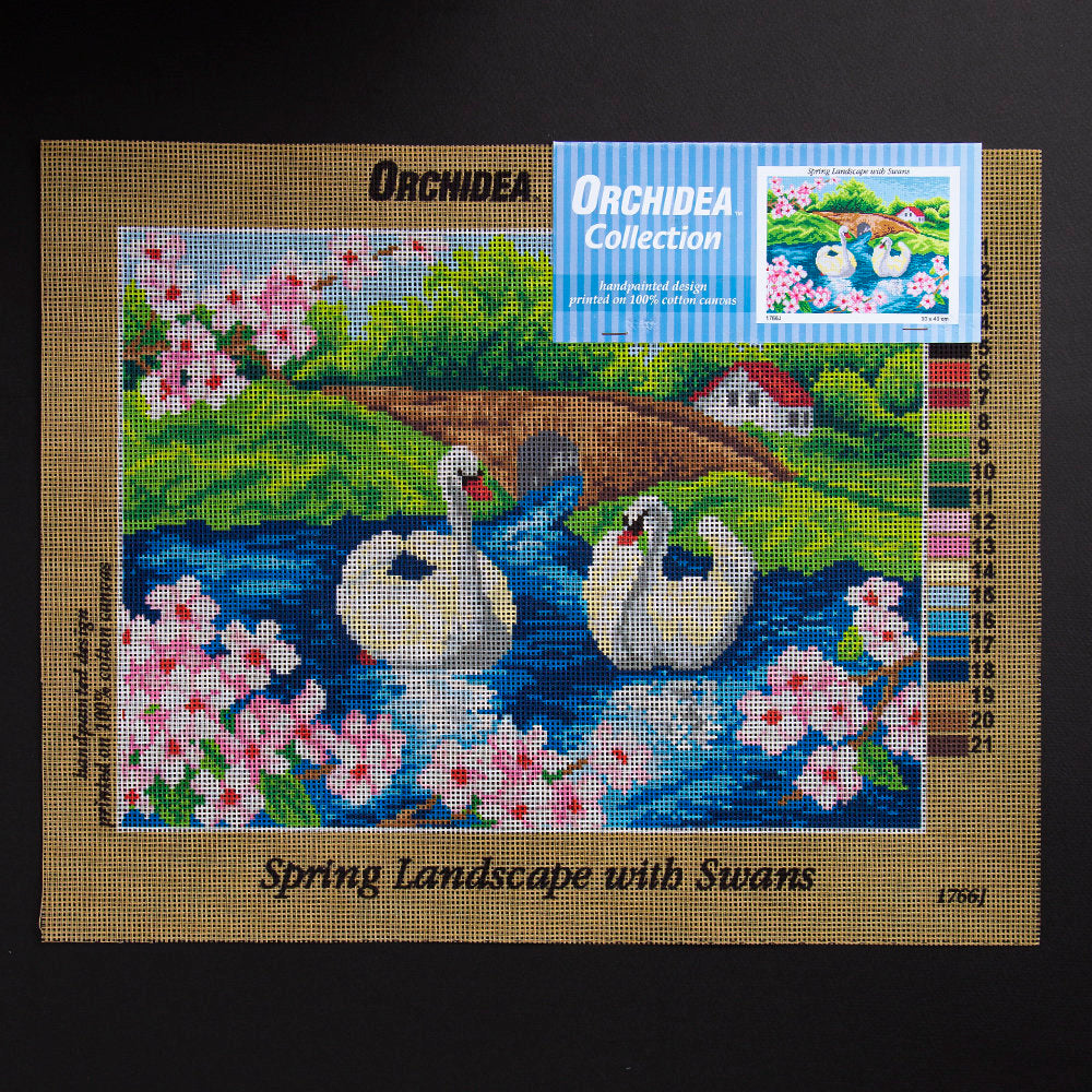 ORCHİDEA 30 x 40 cm  Kuğu ile Bahar Manzarası Baskılı Goblen 1766J 