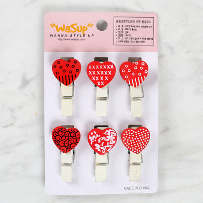 Loren Dekoratif Kırmızı Kalp Desenli Mandal 6'lı