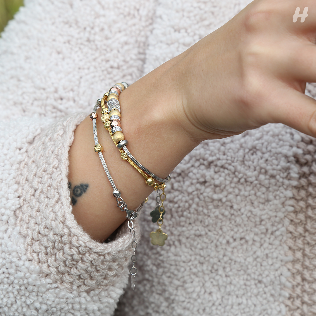 Clotho 925 Ayar Gümüş, Hasır Zincir Rose 3 Renkli Dorika Bileklik